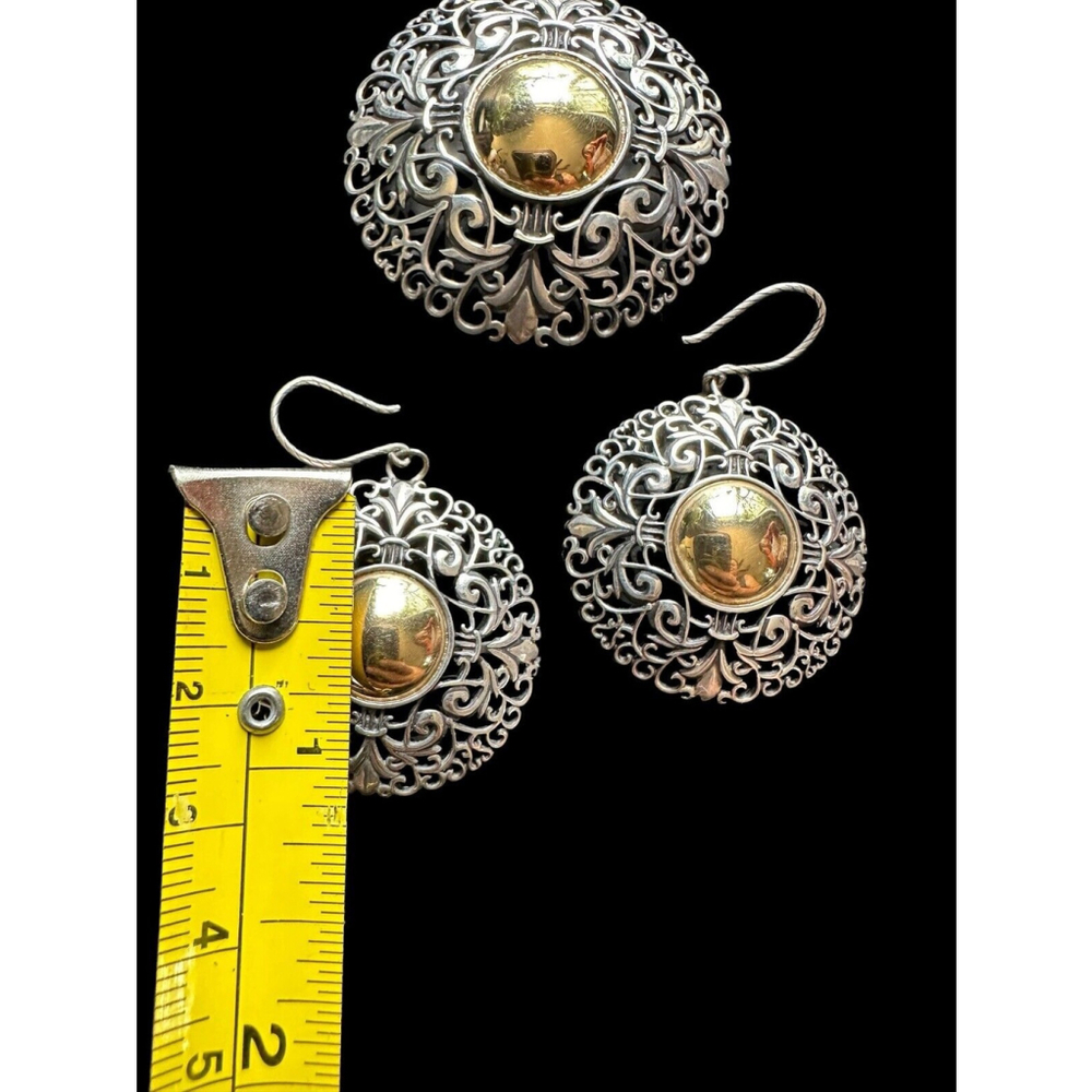 Sterling Silver & 14k Gold Ornate Filigree Drop Dangle Earrings & Pendant - Picture 8 of 9
